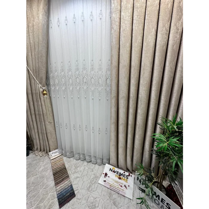 NİVEMESHOME HÜRREM GÜMÜŞ DETAYLI 1/3 SIK PİLELİ TÜL PERDE APM