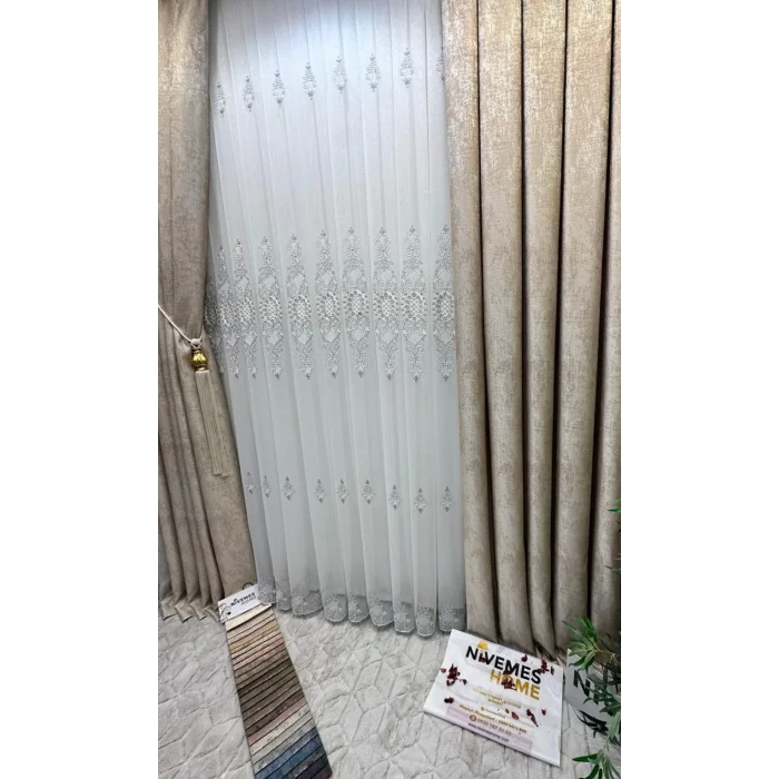NİVEMESHOME HÜRREM GÜMÜŞ DETAYLI 1/3 SIK PİLELİ TÜL PERDE APM