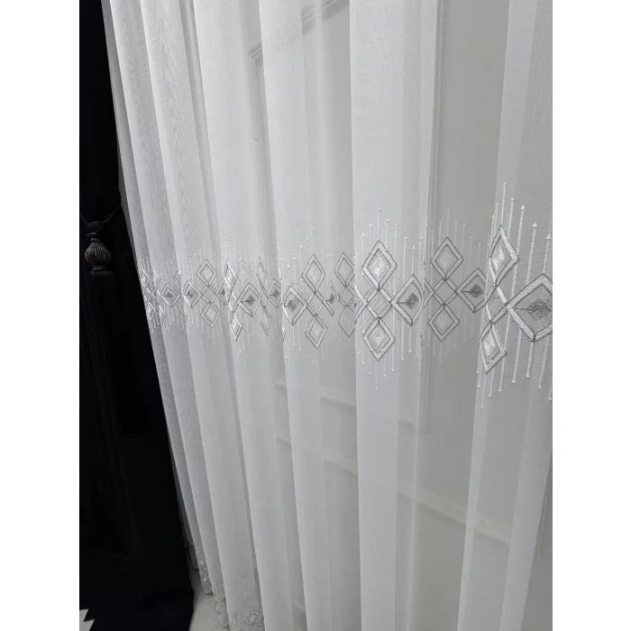 NİVEMESHOME LUNA GEOMETRIC PATTERNED SILVER 1/3 DENSE PLEATED TULLE CURTAIN APM