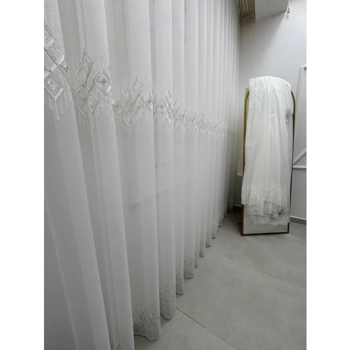 NİVEMESHOME LUNA GEOMETRIC PATTERNED SILVER 1/3 DENSE PLEATED TULLE CURTAIN APM