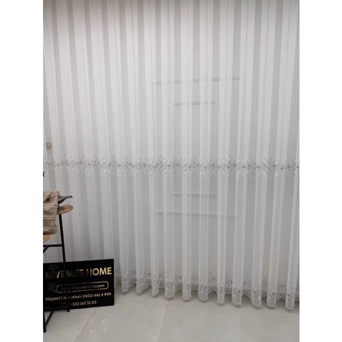 NİVEMESHOME LUNA GEOMETRIC PATTERNED SILVER 1/3 DENSE PLEATED TULLE CURTAIN APM