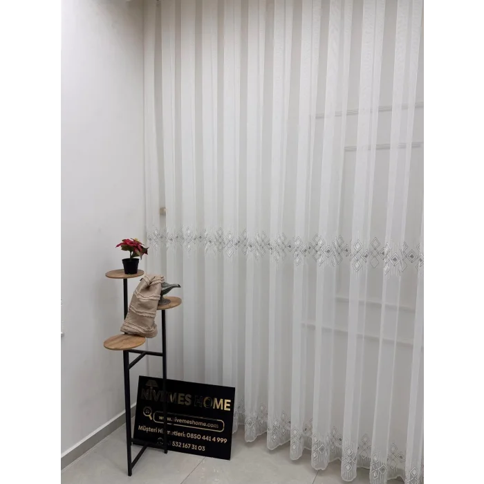 NİVEMESHOME LUNA GEOMETRIC PATTERNED SILVER 1/3 DENSE PLEATED TULLE CURTAIN APM