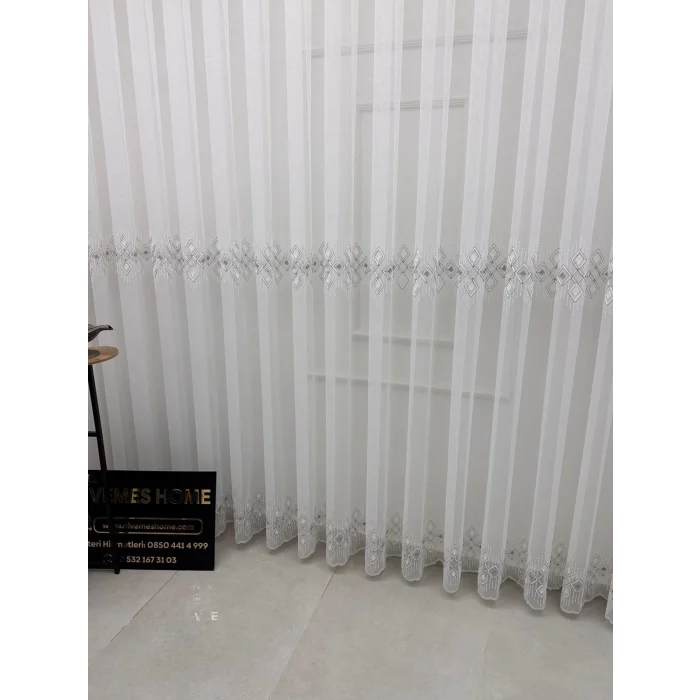 NİVEMESHOME LUNA GEOMETRIC PATTERNED SILVER 1/3 DENSE PLEATED TULLE CURTAIN APM