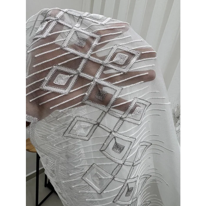 NİVEMESHOME LUNA GEOMETRIC PATTERNED SILVER 1/3 DENSE PLEATED TULLE CURTAIN APM