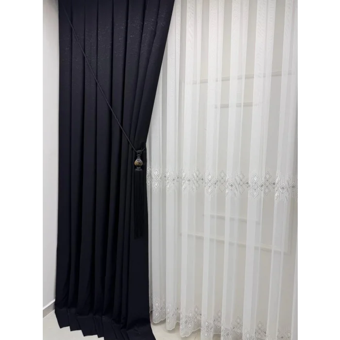 NİVEMESHOME LUNA GEOMETRIC PATTERNED SILVER 1/3 DENSE PLEATED TULLE CURTAIN APM