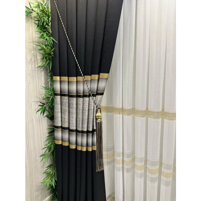 NİVEMESHOME MELANEZYA SIYAH-GOLD ŞERİTLİ 1/3 SIK PİLELİ FON PERDE APM