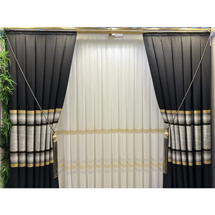 NİVEMESHOME MELANEZYA SIYAH-GOLD ŞERİTLİ 1/3 SIK PİLELİ FON PERDE APM