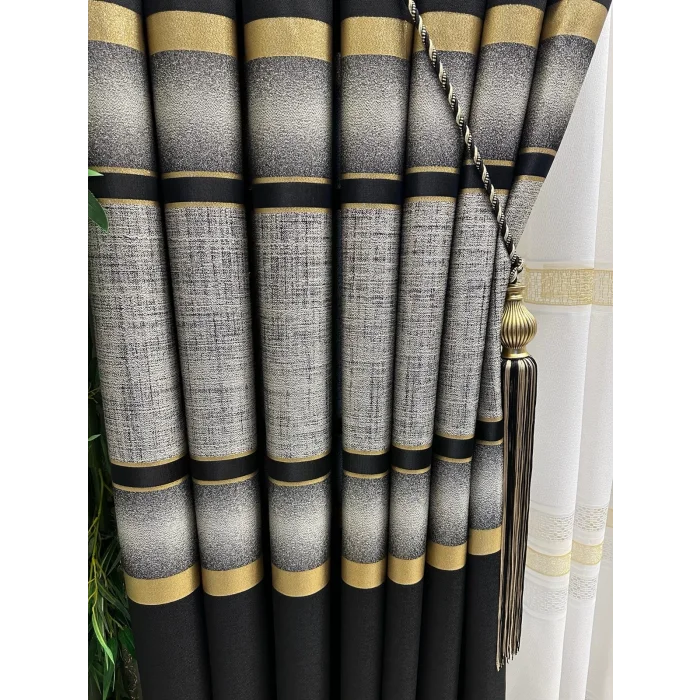 NİVEMESHOME MELANEZYA SIYAH-GOLD ŞERİTLİ 1/3 SIK PİLELİ FON PERDE APM