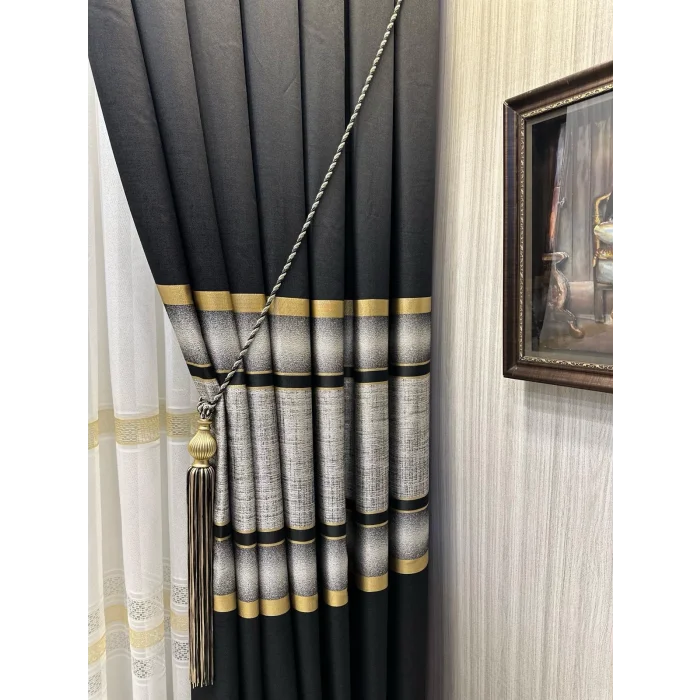 NİVEMESHOME MELANEZYA SIYAH-GOLD ŞERİTLİ 1/3 SIK PİLELİ FON PERDE APM