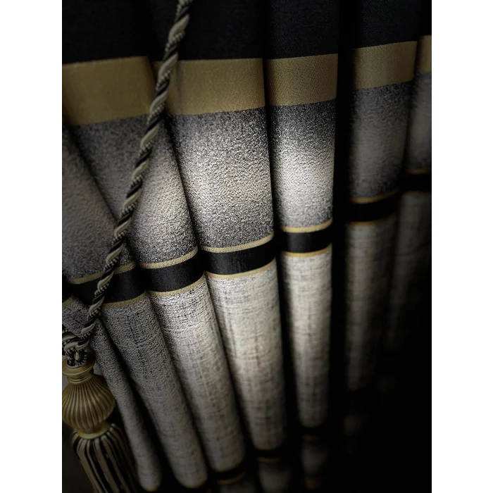 NİVEMESHOME MELANEZYA SIYAH-GOLD ŞERİTLİ 1/3 SIK PİLELİ FON PERDE APM