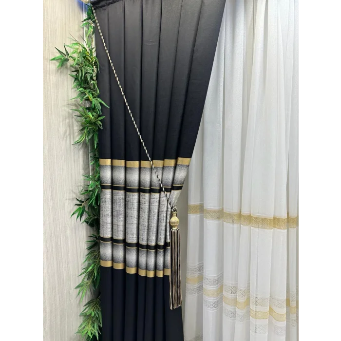 NİVEMESHOME MELANEZYA SIYAH-GOLD ŞERİTLİ 1/3 SIK PİLELİ FON PERDE APM