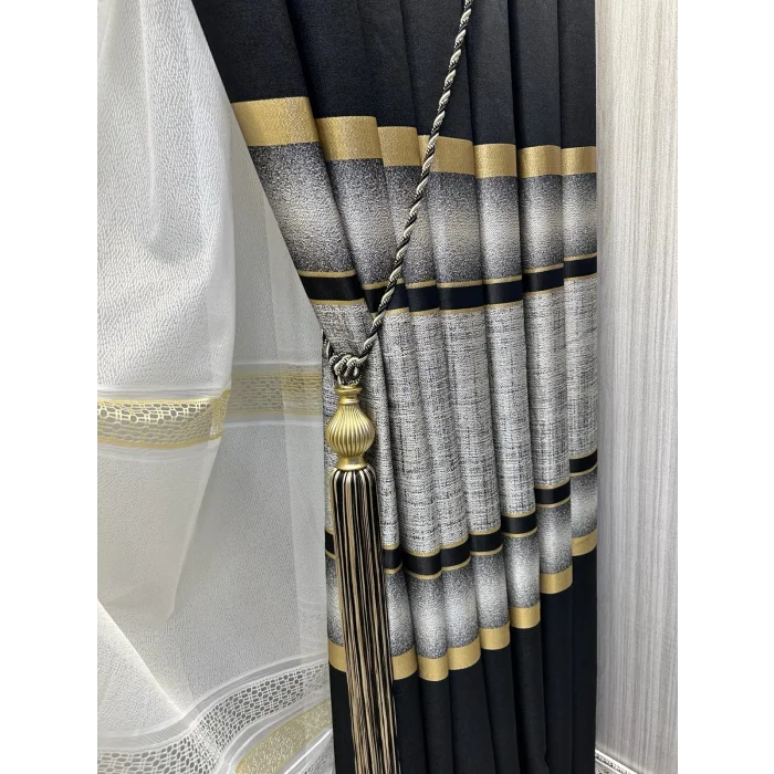 NİVEMESHOME MELANEZYA SIYAH-GOLD ŞERİTLİ 1/3 SIK PİLELİ FON PERDE APM