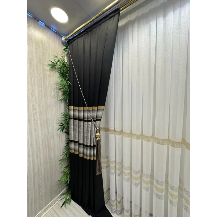 NİVEMESHOME MELANEZYA SIYAH-GOLD ŞERİTLİ 1/3 SIK PİLELİ FON PERDE APM