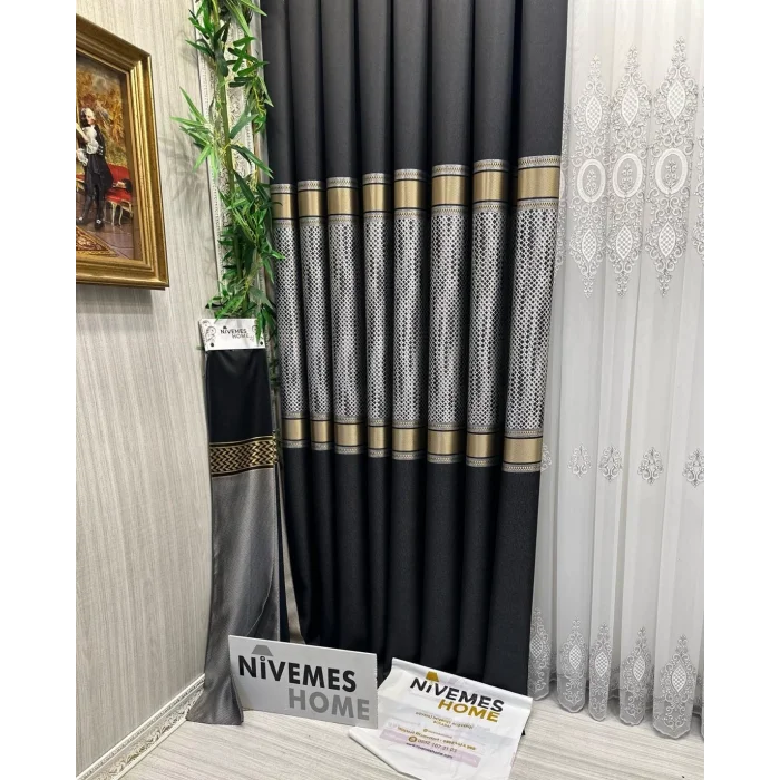 NİVEMESHOME MOZAİK FT614163 V-902 SİYAH 1/3 SIK PİLELİ FON PERDE APM