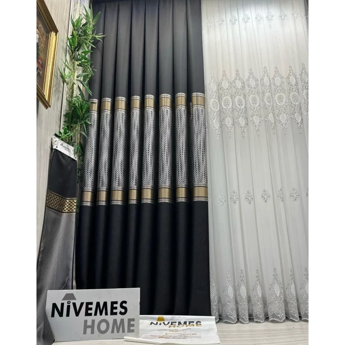 NİVEMESHOME MOZAİK FT614163 V-902 SİYAH 1/3 SIK PİLELİ FON PERDE APM