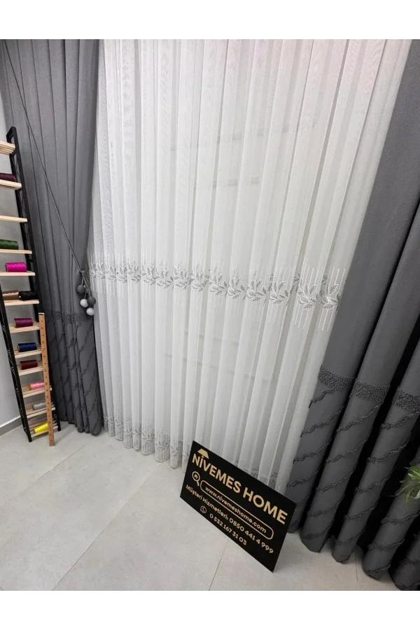 NİVEMESHOME EYLÜLZADE GÜMÜŞ DETAY 1/3  PİLELİ TÜL PERDE APM