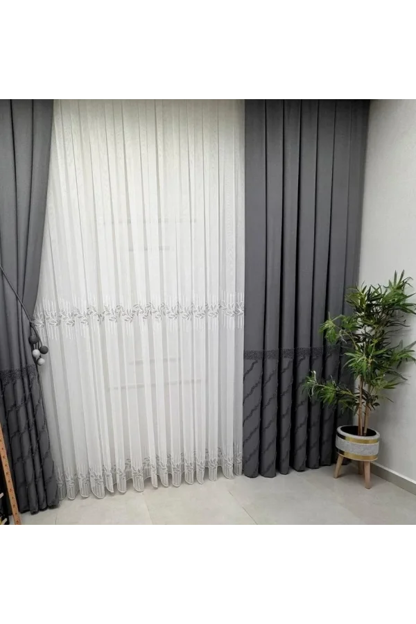 NİVEMESHOME EYLÜLZADE GÜMÜŞ DETAY 1/3  PİLELİ TÜL PERDE APM