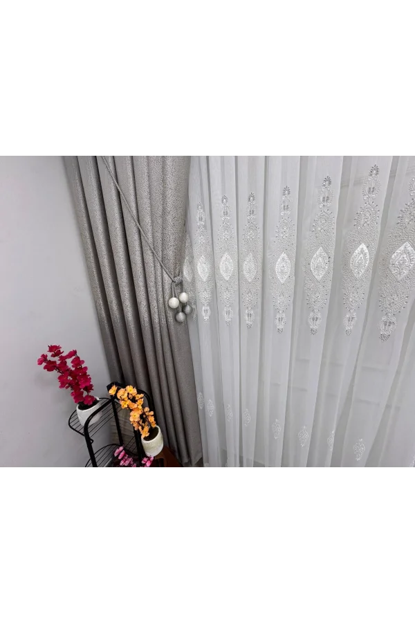 NİVEMESHOME ELİSYA 3812 GÜMÜŞ IŞILTI 1/2,5 PİLELİ  BAMBU TÜL PERDE