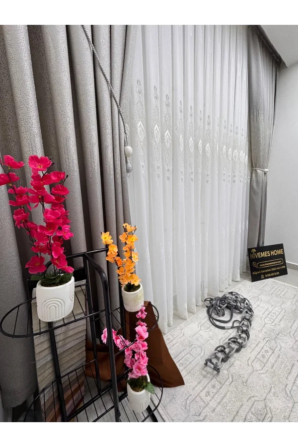 NİVEMESHOME ELİSYA 3812 GÜMÜŞ IŞILTI 1/2,5 PİLELİ  BAMBU TÜL PERDE