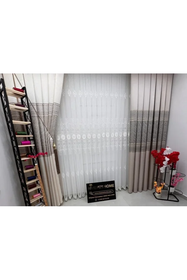 NİVEMESHOME HAZEL APLİK3 ECRÚ 1/3 PLISADO BAMBÚ TÜL PERDE