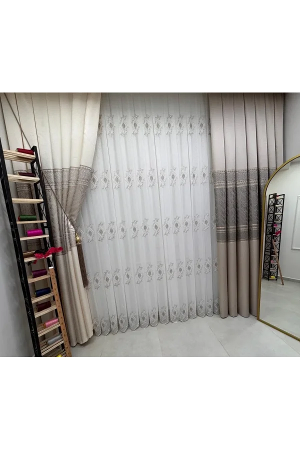 NİVEMESHOME ROYAL 4380 VİZON 1/3 PİLELİ BAMBU TÜL PERDE