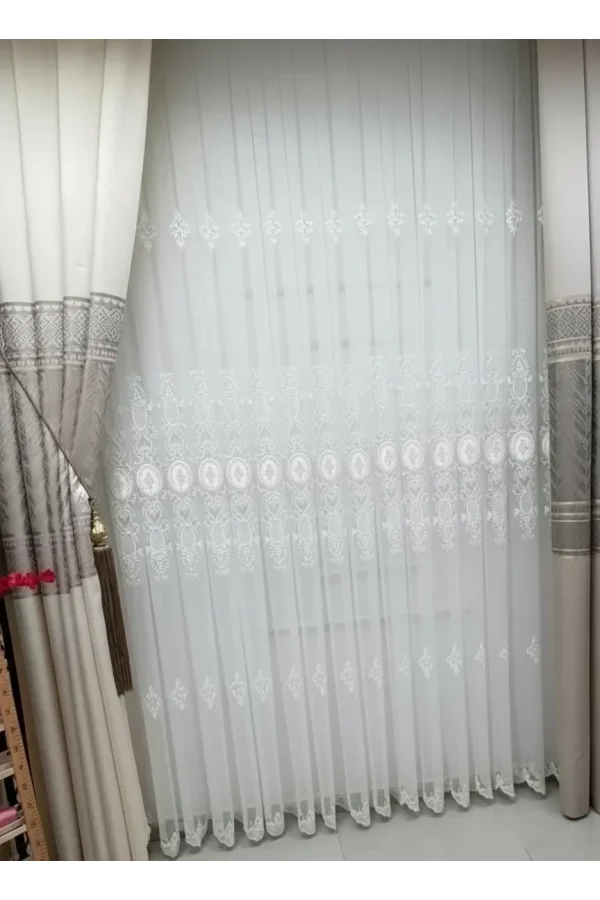 NİVEMESHOME HAZEL APLİK3 ECRÚ 1/3 PLISADO BAMBÚ TÜL PERDE