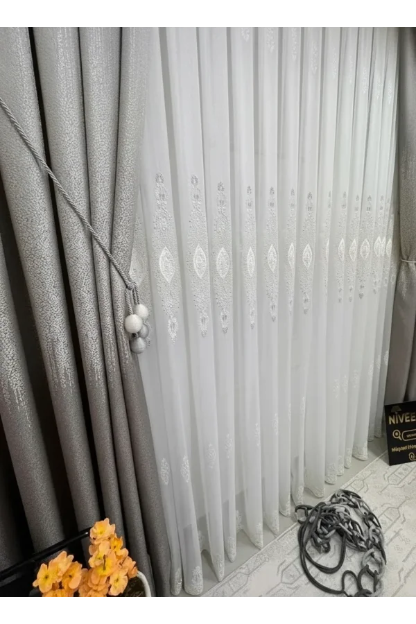 NİVEMESHOME ELİSYA 3812 GÜMÜŞ IŞILTI 1/2,5 PİLELİ  BAMBU TÜL PERDE