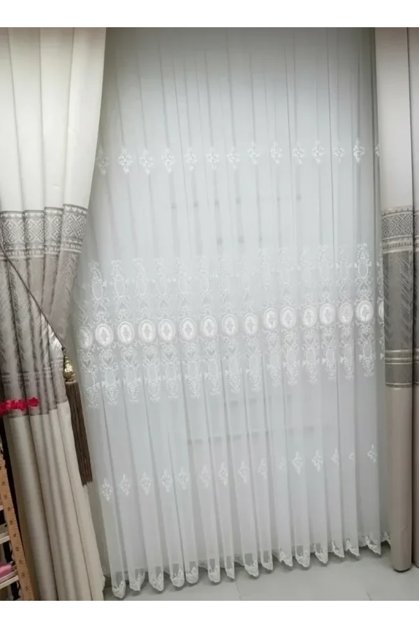 NİVEMESHOME HAZEL APLİK3 EKRU 1/2,5 PİLELİ BAMBU TÜL PERDE