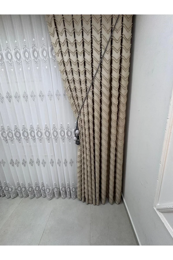 NİVEMESHOME RİTİM 3-0009 EKRU 1/3 PİLELİ FON PERDE