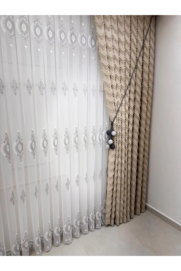 NİVEMESHOME RİTİM 3-0009 EKRU 1/3 PİLELİ FON PERDE