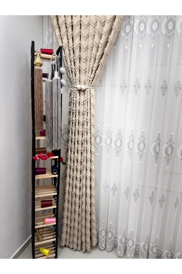 NİVEMESHOME RİTİM 3-0009 EKRU 1/3 PİLELİ FON PERDE