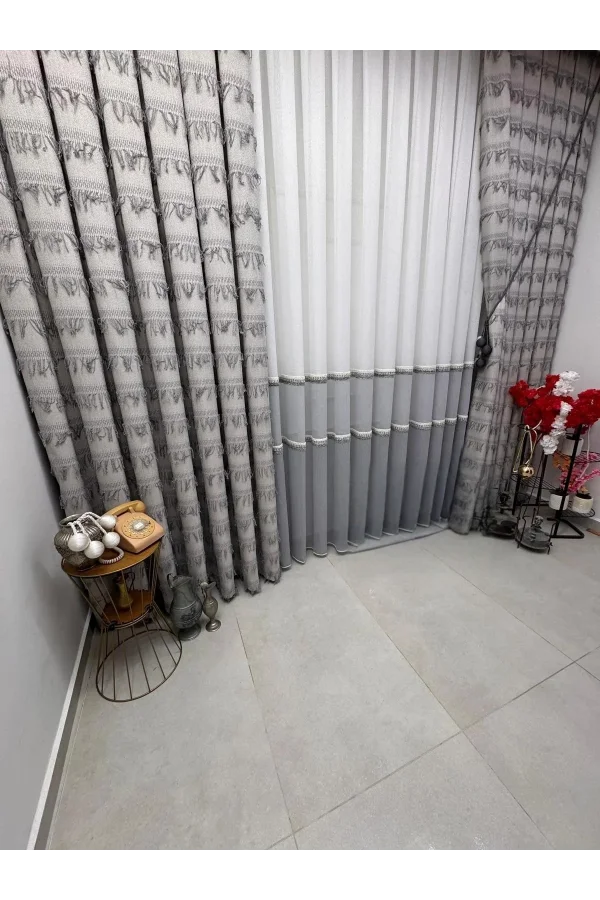 NİVEMESHOME PETEK GRİ 1/3 PİLELİ TÜL PERDE