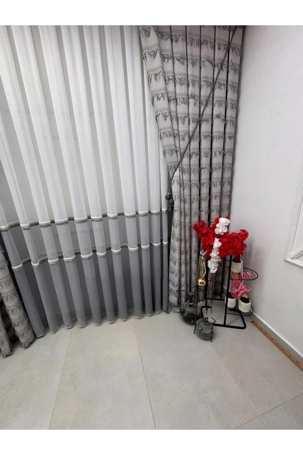 NİVEMESHOME PETEK GRİ 1/3 PİLELİ TÜL PERDE