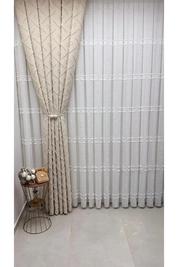 NİVEMESHOME SEDEF 3-0006 V2 BEJ  13 PİLELİ FON PERDE