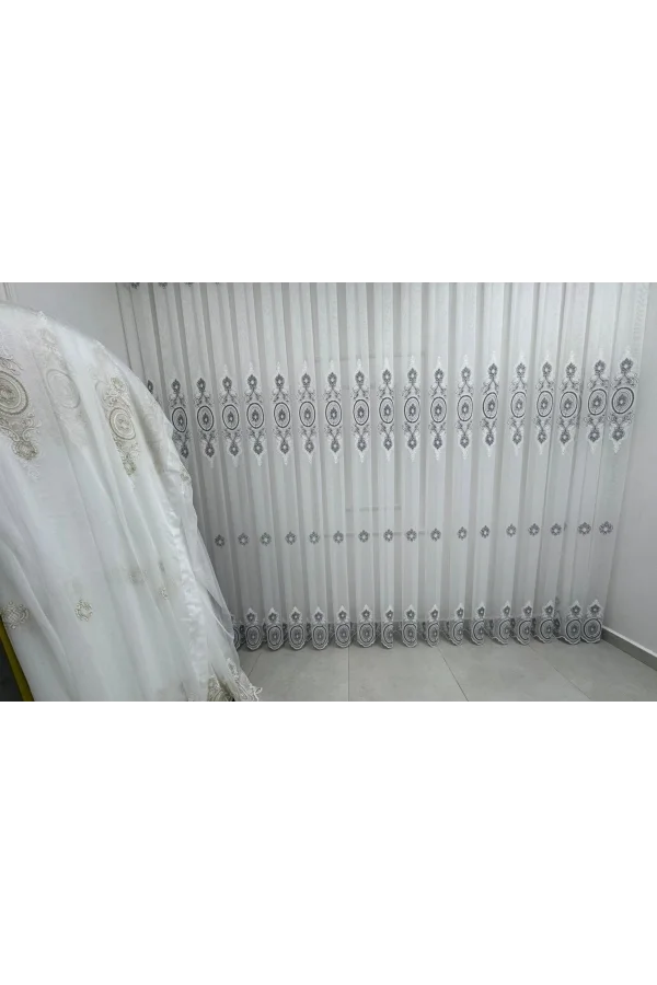 NİVEMESHOME 1453 OSMANLI MOTİFLİ GÜMÜŞ DETAYLI 1/3 SIK PİLELİ TÜL PERDE APM