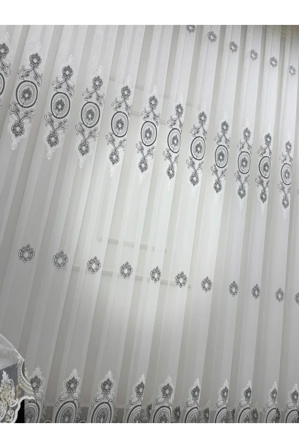 NİVEMESHOME 1453 OSMANLI MOTİFLİ GÜMÜŞ DETAYLI 1/3 SIK PİLELİ TÜL PERDE APM