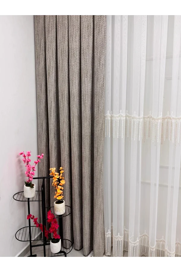 NİVEMESHOME 2571 V -117 REİNA  GOLD 1/3 PİLELİ BAMBU TÜL PERDE