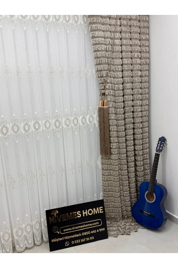 NİVEMESHOME 3767 SERAP GOLD  1/2,5 PİLELİ  BAMBU TÜL PERDE