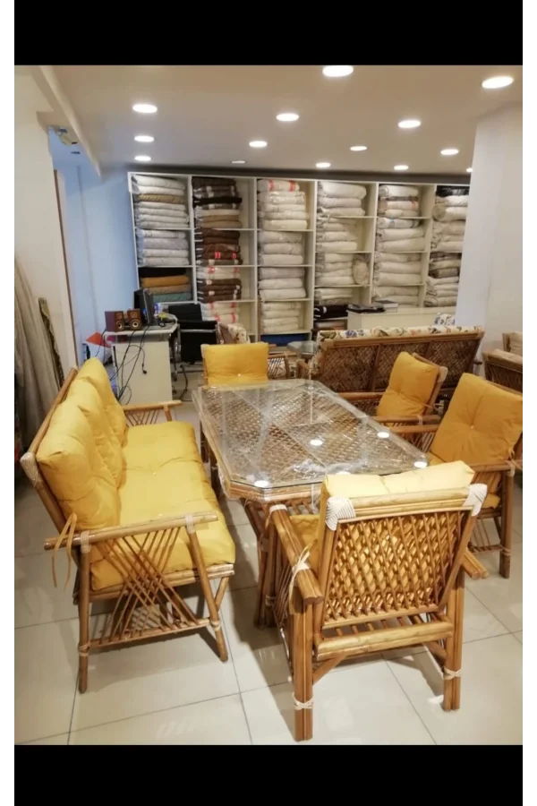 NİVEMESHOME 7 PERSON PADDED BAMBOO SEATING SET (4 CHAIRS + 3 PIECE TABLE)