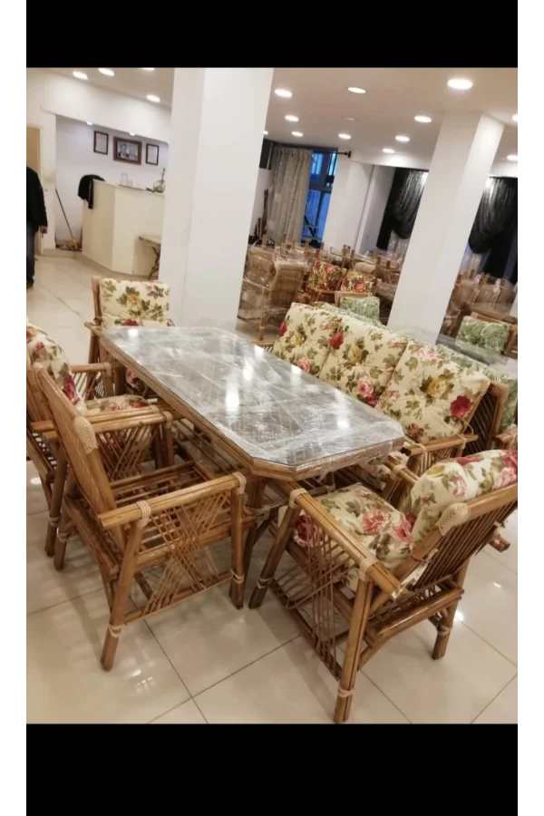 NİVEMESHOME 7 PERSON PADDED BAMBOO SEATING SET (4 CHAIRS + 3 PIECE TABLE)