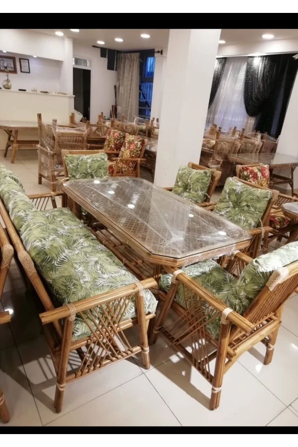 NİVEMESHOME 7 PERSON PADDED BAMBOO SEATING SET (4 CHAIRS + 3 PIECE TABLE)