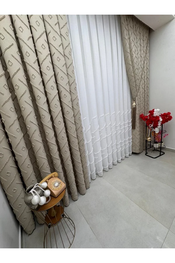 NİVEMESHOME AHU 1-0049P YARI DESENLİ 1/3 PİLELİ TÜL PERDE APM