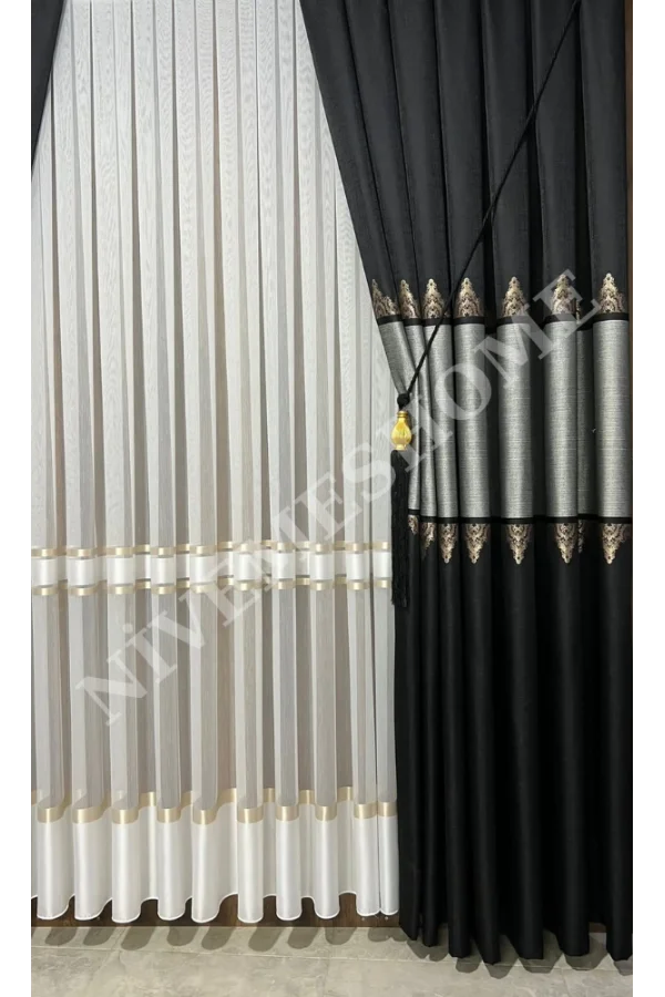 NİVEMESHOME ALTIN DOKULU 3480612 1/3 SIK PİLELİ TÜL PERDE APM