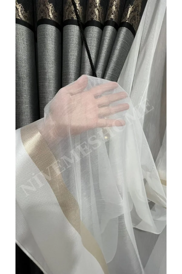 NİVEMESHOME ALTIN DOKULU 3480612 1/3 SIK PİLELİ TÜL PERDE APM