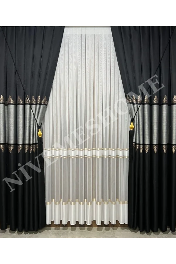 NİVEMESHOME ALTIN DOKULU 3480612 1/3 SIK PİLELİ TÜL PERDE APM
