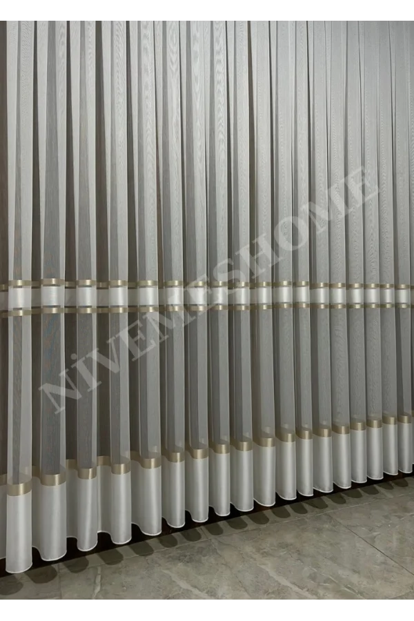 NİVEMESHOME ALTIN DOKULU 3480612 1/3 SIK PİLELİ TÜL PERDE APM