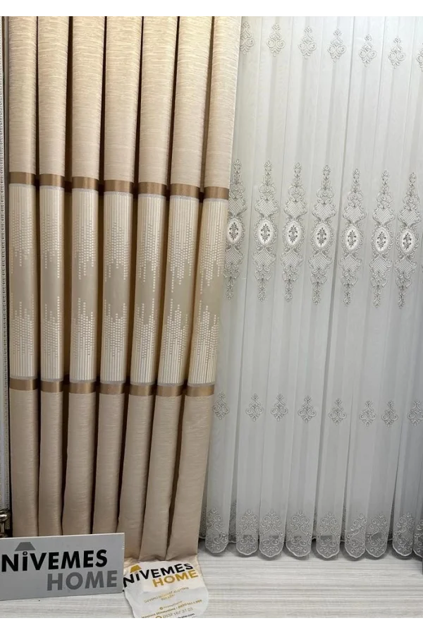 NİVEMESHOME AMASRA FT614164 V-101 CREMA 1/3 CORTINA DE FONDO DE VELVET APG