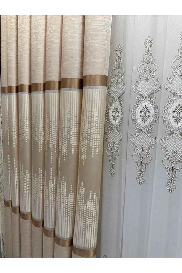 NİVEMESHOME AMASRA FT614164 V-101 CREMA 1/3 CORTINA DE FONDO DE VELVET APG