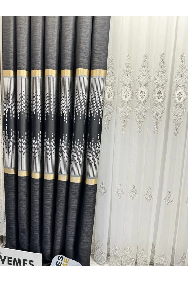 NİVEMESHOME AMASRA FT614164 V-902 ЧЕРНЫЙ 1/3 ПЛОТНЫЙ ВЫШИТЫЙ ШТОРА APM