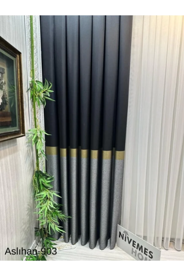 NİVEMESHOME ASLIHAN SİYAH-GOLD FT632116 V-903 1/3 SIK PİLE FON PERDE APM